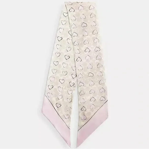 Coach Signature Doodle Heart Print Silk Wide Skinny Scarf NIP - Picture 2 of 3